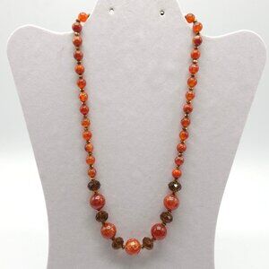 Vintage Orange Fire Agate Crystal Beaded Glass Necklace 20 Inches Adjustable Len
